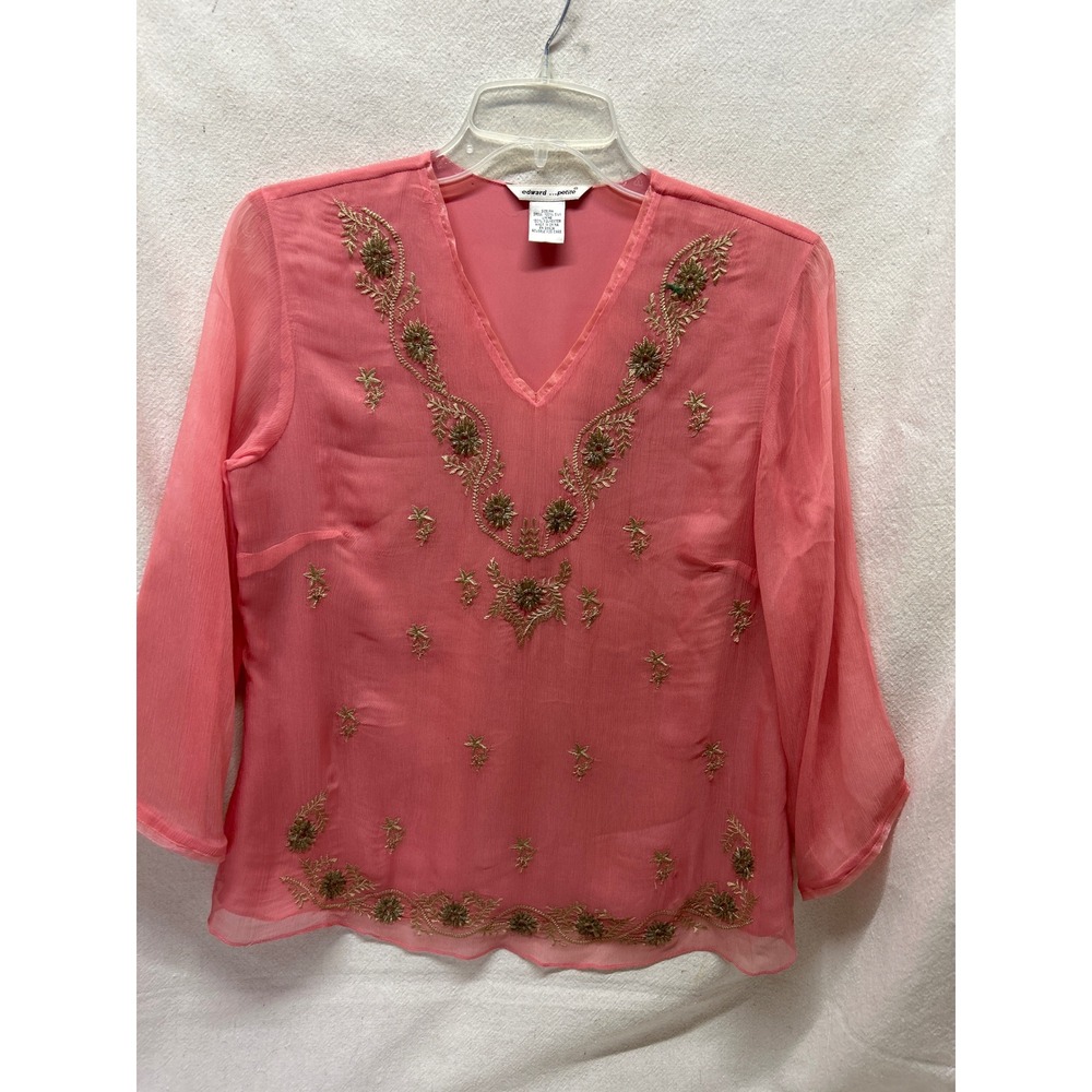 Edward Petite Pink Silk Boho Embroidered Beaded V-Neck Blouse Top PM